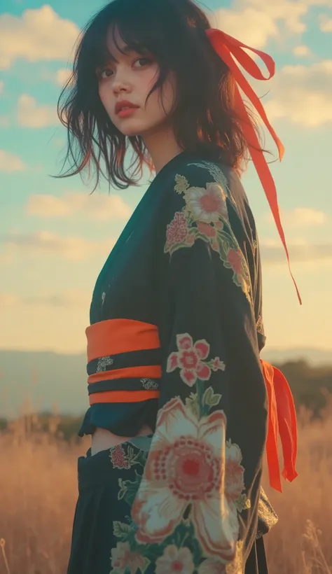 masterpiece、 super detailed 、8k、Jenna Ortega、 super zoom up on her face 「 black hair Braided Pigtails の若い女性が自信に満ちたポーズで立っているスタイリッシュで大胆なイラスト。 black hair、 Braided Pigtails 、 wearing a modern kimono with a striking orange and black color palette 、 is adorned ...