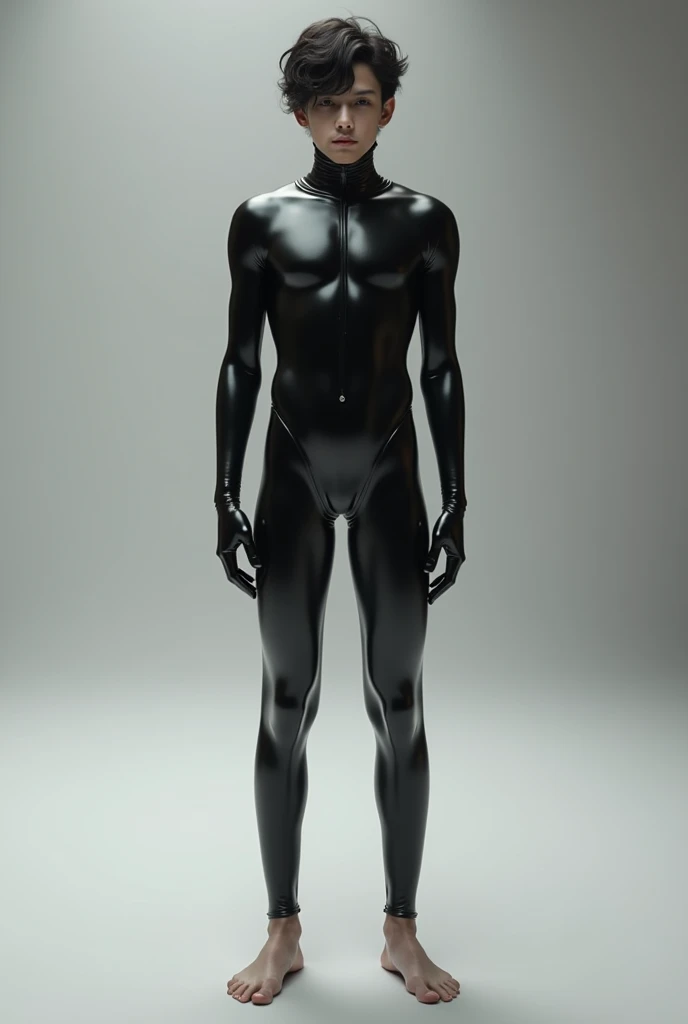 Boy in latex standing barefoot 