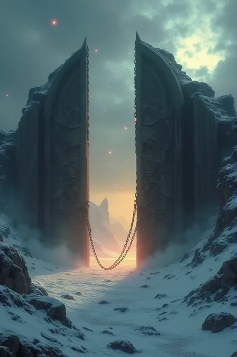 Let us imagine the image of Valhallas gates, that in a moment of dramatic revelation:


--- Scene: A gloomy sky, swept with ominous clouds, stretches over a vast, rocky landscape. The landscape is covered in snow, which is only occasionally broken by flick...