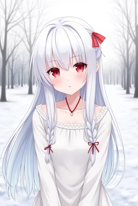 1girl, solo, white_hair, long_hair, braided_hair, hair_ribbon, red_hair_ribbon, red_eyes, closed_mouth, calm_expression, neutral_expression, white_dress, necklace, simple_necklace, snow, winter, snowy_background, outdoor, cold_weather, soft_lighting, natur...