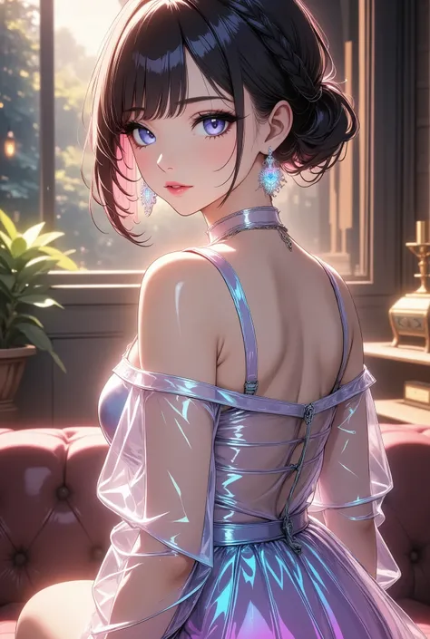 ( top quality :1.2,  very detailed,  high detailed CG illustration ,  soft focus, masterpiece:1.2,  best aesthetics), 1 female, ((( elegant なドレス姿の女性, Fair skin))), JK,  black hair, braided bun,  beautiful eyes,  beautiful lips,  very detailed目と顔,  long eye...