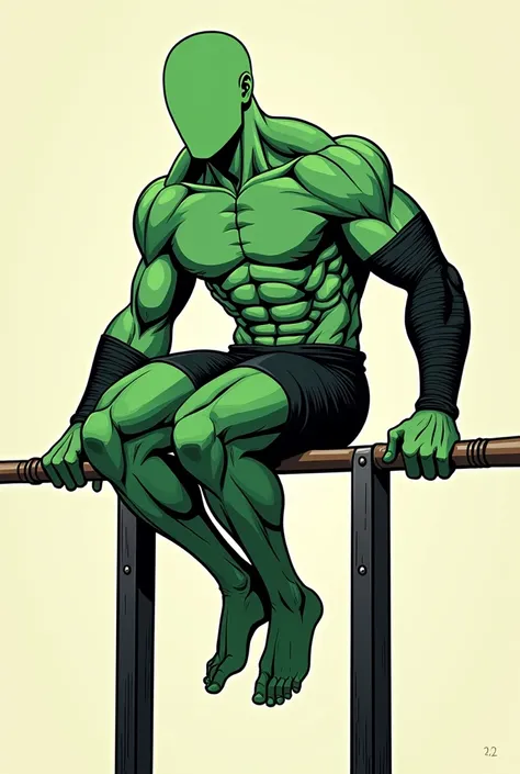 A comic style character, He is faceless and the overall body is green color. He trains with his bodyweight and has built quite lean and athletic physique, Although he is not too muscular he has good frame with big shoulders but still lean. He is wearing a ...