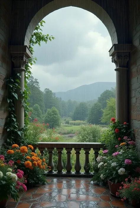 a beautiful view of a flower garden beyond a balcony. The sky should be GRAY, cloudy and a light rain should be in the image. (Medieval era). NO PERSON AT THE IMAGE! Masterpiece, high resolution.