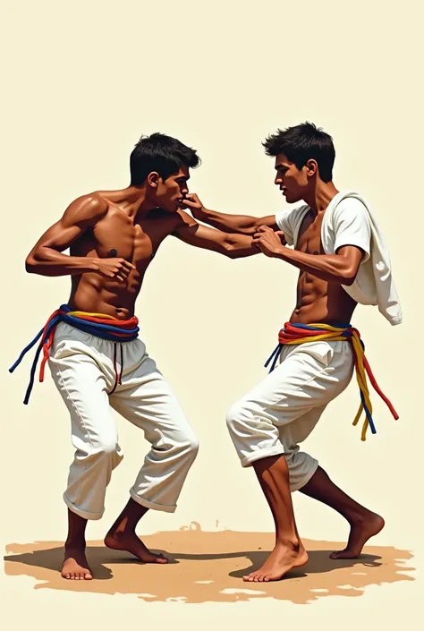 Illustration with capoeira ren giving blows ,  they wear white pants and white shirt with capoeira rope around the waist in different colors.  There is an adult playing berimbau and another playing atabaque while they dance capoeira 