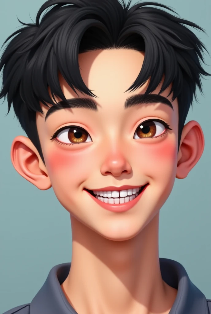 lean body man,asian,Thai,white skin,soft facial hair,ดัดฟัน,comma hair,black hair,portrait,close up,face detail,eyedetail,smile,เห็นฟัน,teenage,realistic,