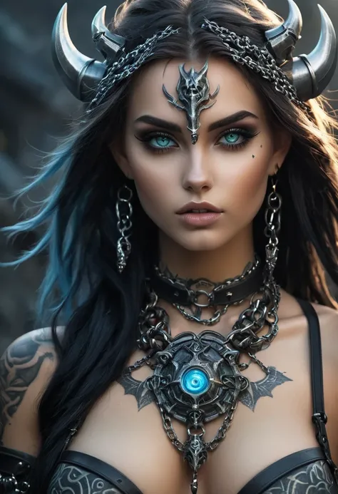 Create a hyper detailed photograph of a tattoos young sexy female berserker deathknight, Stunningly perfect gorgeous soft feminine face, perfect makeup, detailed vibrant Florent neon eyes, long hair, high detailed beautiful legs, high detailed beautiful ar...