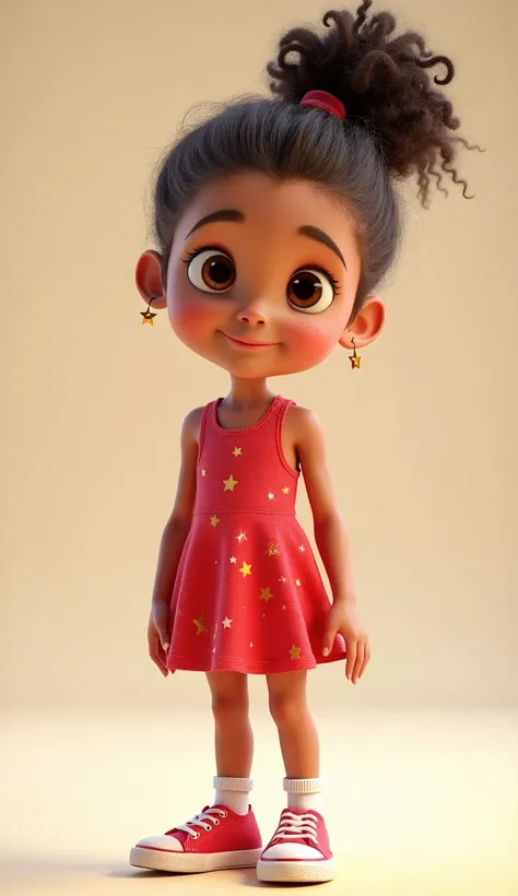 Ella: "Ella has bright brown eyes, soft freckles on her nose, and curly hair bouncing in one high ponytail. Her playful outfit includes a red dress with star patterns and red sneakers, she has small star shaped earrings. Brought to life in 3D Disney Pixar ...