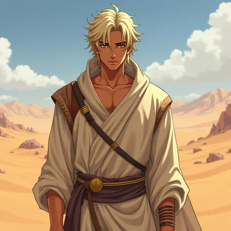 Anime boy, Mature, desert , brown skin, desert clothes, platinum hair, gold eyes