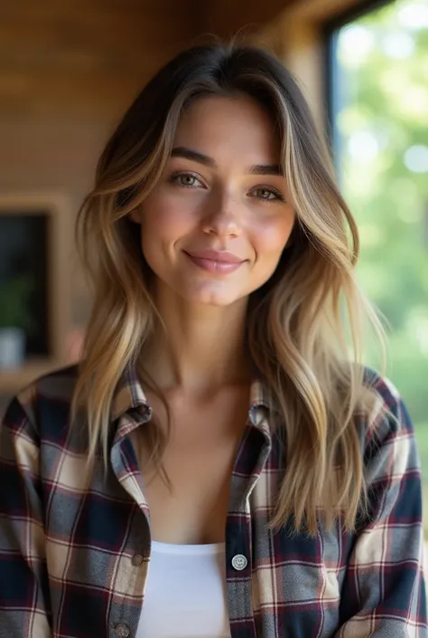 A young woman with soft, wavy shoulder-length hair featuring light brown and ash blonde highlights. She has a natural, relaxed pose and a calm facial expression, looking directly at the camera. The camera angle is medium close-up, focusing on her face and ...