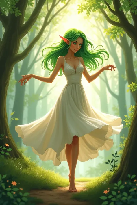 Anime Style,Anime, 1 girl about  elf ears long lights green hair a long white dress lights green eyes dancing around in the forest because she a forest elf 