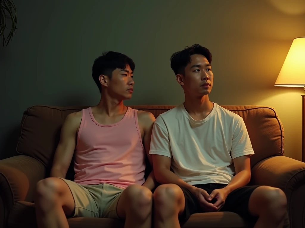 40-year-old korean in a crew cut with athletic physique is wearing baby pink sleeveless sando paired with biege shorts is sitting next to a 25 year old guy in a two blocks haircut wearing white shirt and black shorts. They are sitting on a brown worn out s...