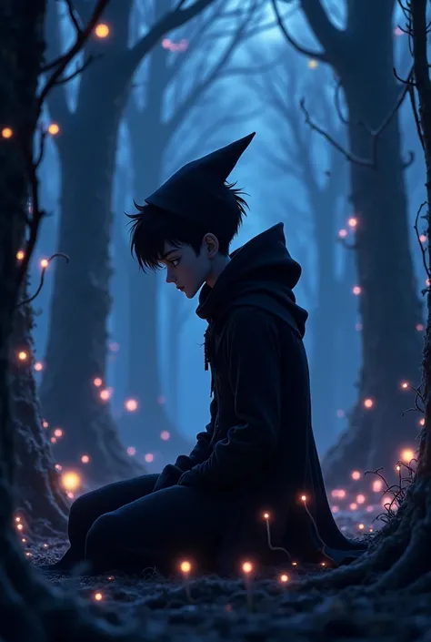 In a cinematic, animated drama scene set in a mysterious and shadowy forest at dusk, a lone character sits on their knees, looking downward, lost in deep thought. The character is around 20 years old, tall and thin with exaggerated features, wearing a dark...