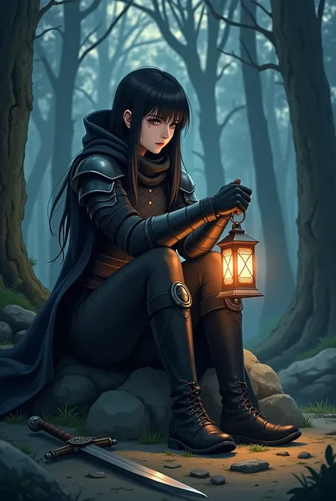  anime-style lantern, A girl of about 25 years old, with fair skin,  armor with long black hair,  nearby in tattered , wearing black boots , , harsh, хмурая,  sitting on a rock in the woods , there is a sword , day.