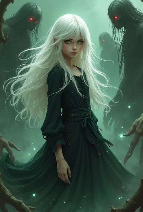  a girl with long white hair and green eyes with torn black clothes, with a bunch of demons and spirits around her ,The scenario would be the world of spirits  