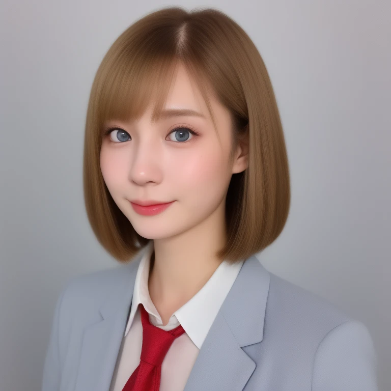 (kawaii 24 year-old Japanese girl), (glossy blonde hair, short bob, blue eyes:1.3), (wearing suit jacket, collared white shirt, necktie:1.2), well shaped extra small breasts, plain white background, dynamic angle, bust shot, (masterpiece, best quality, pho...