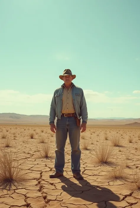 "A dry, cracked farmland in the western United States with a worried farmer standing amidst failed crops. The land is barren, and the sky is clear but harsh, emphasizing the drought conditions."