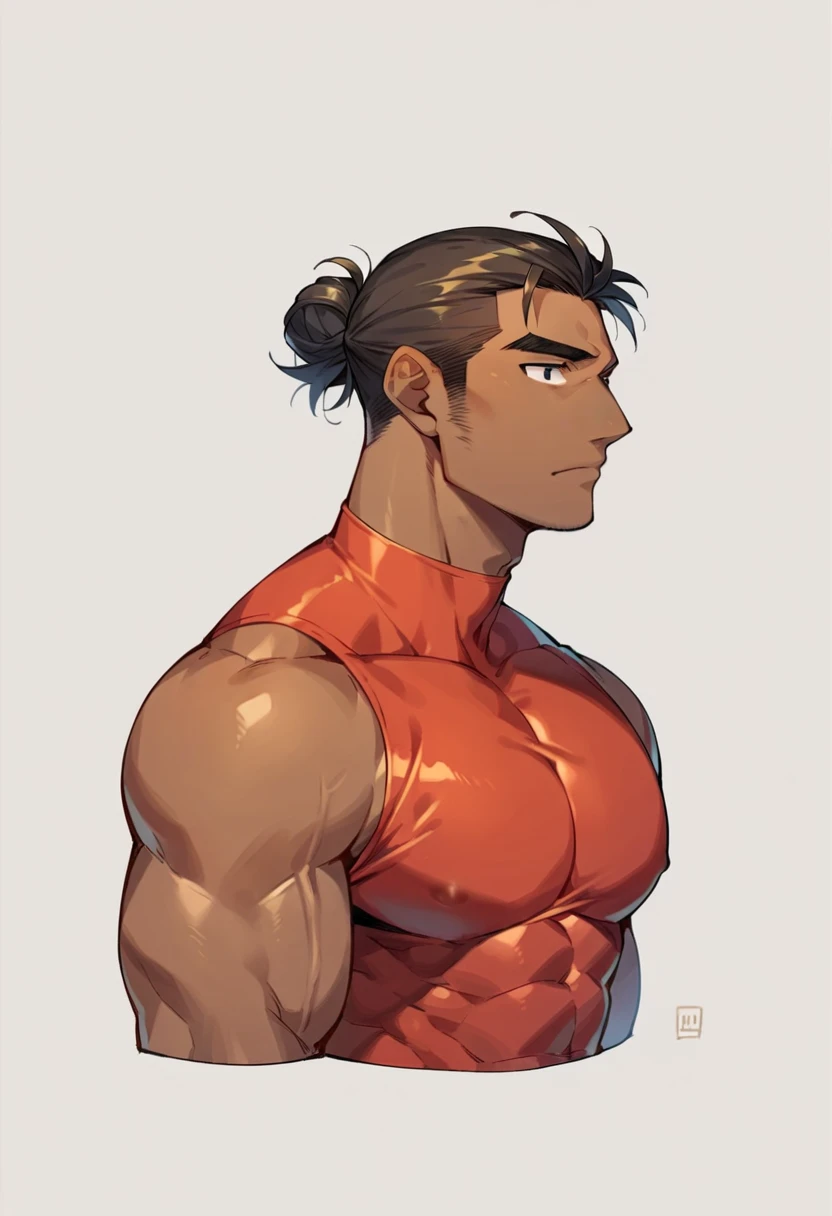 1young musculine boy,(bara), solo,manly, (((low BUN hair))), black eyes, simple background, dark skin, muscle, bodybuilder, tight croptop
