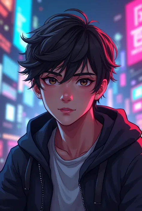 Handsome boy medium hair like gamer gaming background  and 2D 