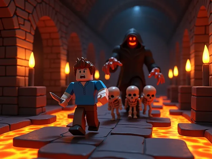 A 3D-rendered Roblox-style scene inside a dark, fiery dungeon with lava rivers and stone pathways. A blocky Roblox character with brown hair, wearing a blue shirt and brown pants, is running in fear while holding a small knife. Behind him, there is a hoode...