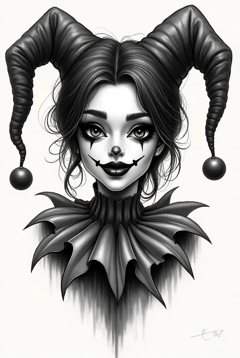 Make a tattoo-style ,  design, not with many details around it, but rather elaborate, of a jester but with a womans face and with black eyes 