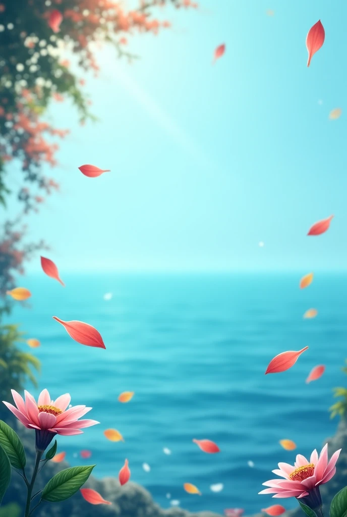 Masterpiece, best quality, (very detailed CG unity 8k wallpaper) (best quality), (best illustration), (best shadows) Nature&#39, blue sea,delicate leaves petals of various colors falling in the air light Tracking, super detailed 