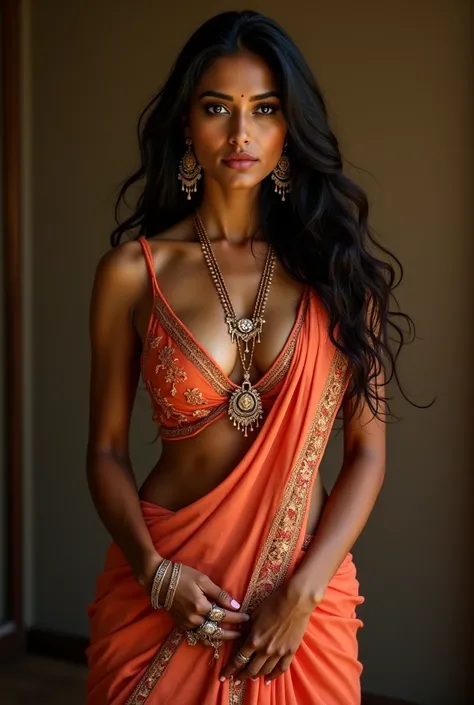 Sexy indian women, wearing sare, exposed belly, exposed cleavage,1girl, Solo, Long Hair, Jewelry, 