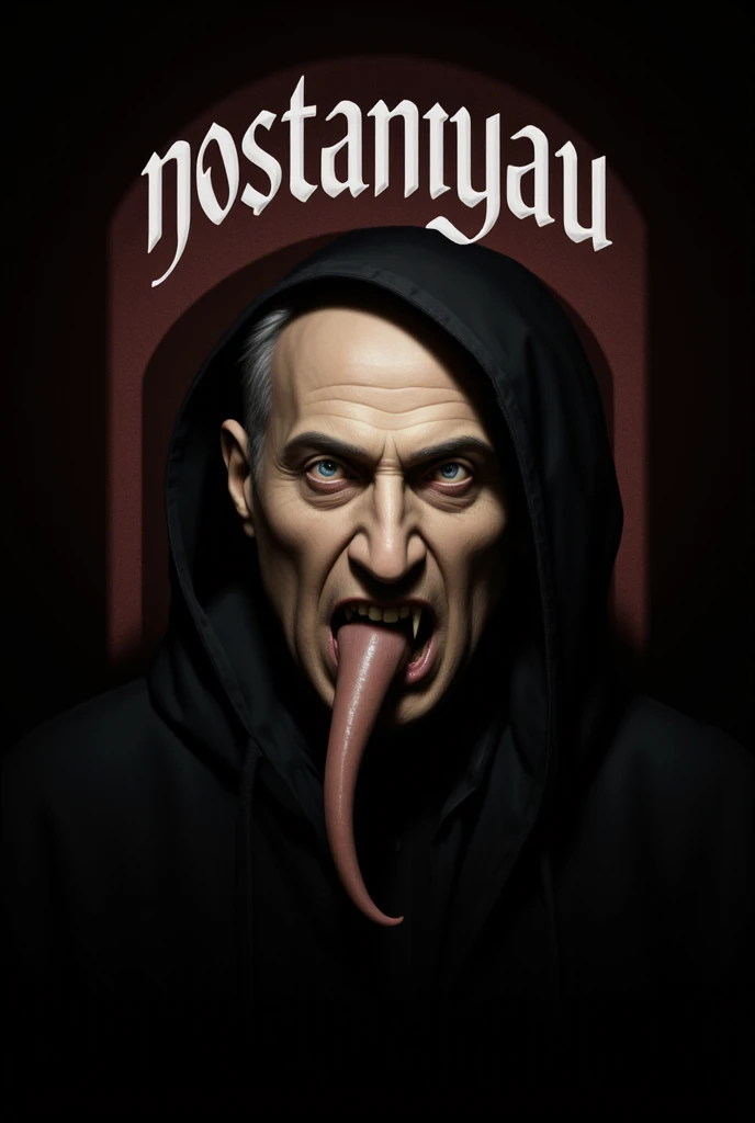 Benjamin Netanyahu as a nosferatu, creepy, eerie, evil, horror, dystopian, surrealism, dark, midnight. A semicircular text on top of the image "NOSTANYAHU"