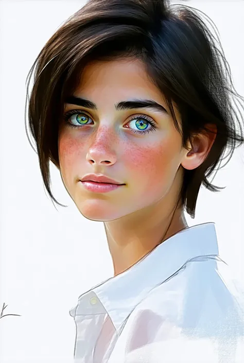 A digital painting of a teenage girl, , with one blue eye and one green eye, dark brown hair, and fair skin. Her expression is sweet yet slightly distant, reflecting a kind but slightly cold personality. She is wearing a white shirt and blue
