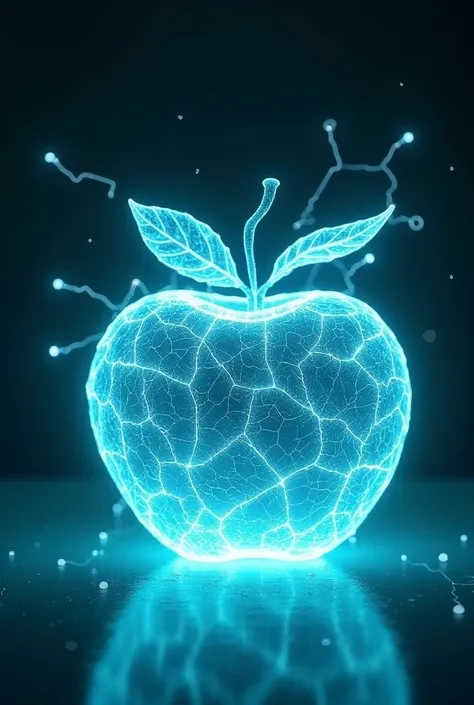 an apple with a cracked bright cyan texture with electric particles emitting from it. It is also semi-transparent and has a light glow