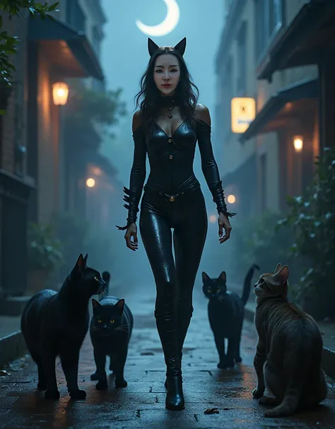 cat woman involved with several cats. they are in an alley at night with cinematic lighting, Moon in the background, fairytale concept, magical bokeh, depth of field, 