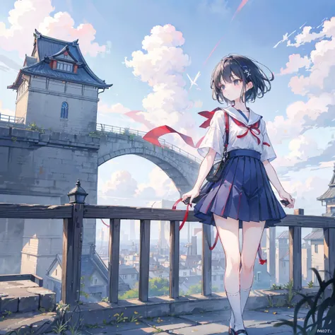 (masterpiece,up to date, anomalies :1.2),  Japanese Cartoons ,1 Girl, bangs,black_hair, Beautiful 8K eyes, blue_sky空,bridge,architecture,castle,City,Cityscape,cloud,sky,skirt,Check_exist_Check者,outdoor,red_neckwear,red_ribbon,ribbon,river,Short_hair,Short_...