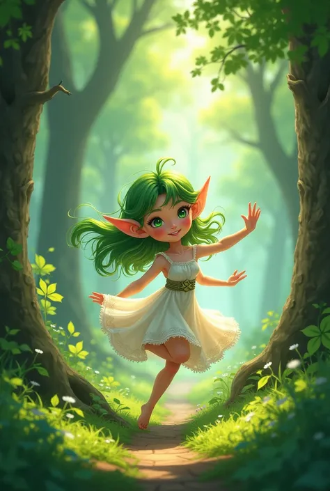 Anime Style,Anime, 1 litte about six years old elf ears long lights green hair a long white dress lights green eyes dancing around in the forest because she a forest elf 