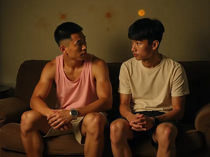 40-year-old korean in a crew cut with athletic physique is wearing baby pink sleeveless sando paired with biege shorts is sitting next to a 25 year old guy in a two blocks haircut wearing white shirt and black shorts. They are sitting on a brown worn out s...