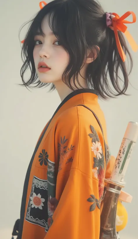 taken from the front、 upper body、masterpiece、 super detailed 、8k、Jenna Ortega、 super zoom up on her face ,「 black hair Braided Pigtails の若い女性が自信に満ちたポーズで立っているスタイリッシュで大胆なイラスト。 black hair、 Braided Pigtails 、 wearing a modern kimono with a striking orange an...