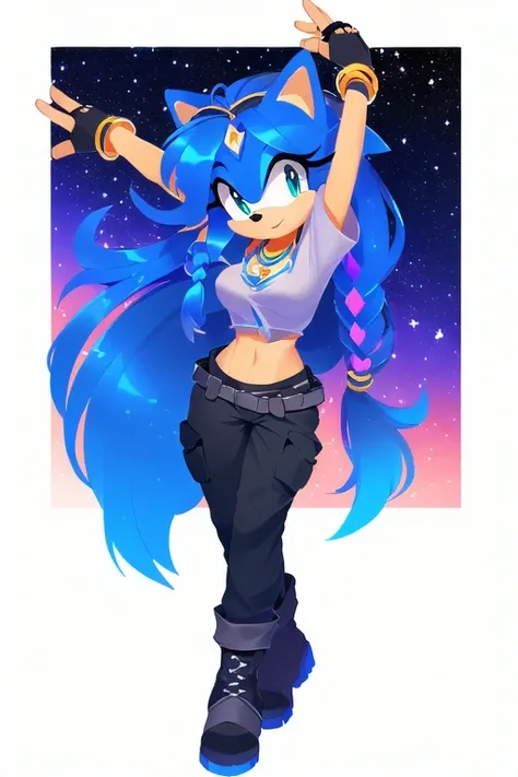 Sonic oc, Mobian, female, sonic the hedgehog but female, Cosmic hedgehog, A beautiful light blue hedgehog, purplish blue eyes, very long hair/quills, braided and beaded long hair bangs, long streaks of hair on each side of her face, (star constellation on ...