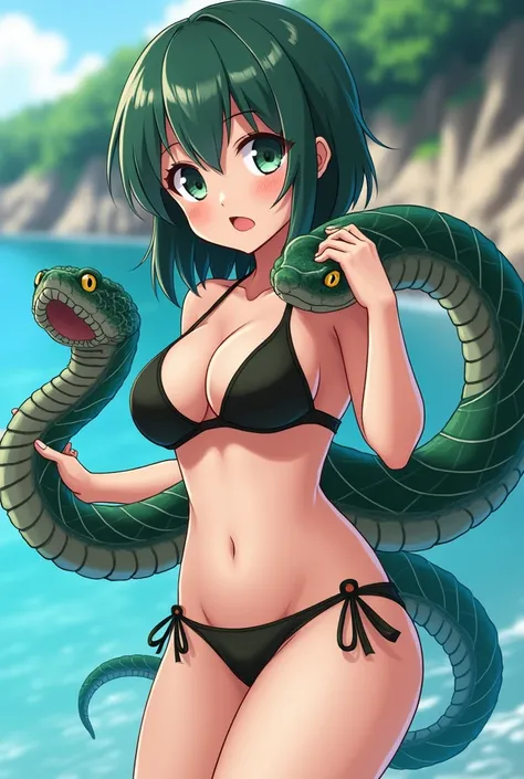   a close up of a woman in a bikini and a snake, an anime cartoon inspired by Shukei Sesson  , pixiv, shin hanga,  full body anime woman art ,  anime character; full body art, snake woman hybrid,  official character art ,  full body with fantasy , adoptabl...