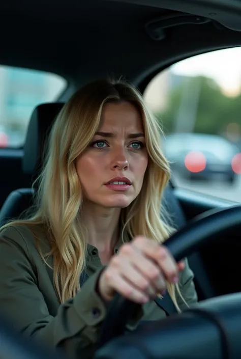 A blonde woman inside a car crying while driving realistic ultra HD 8k image 