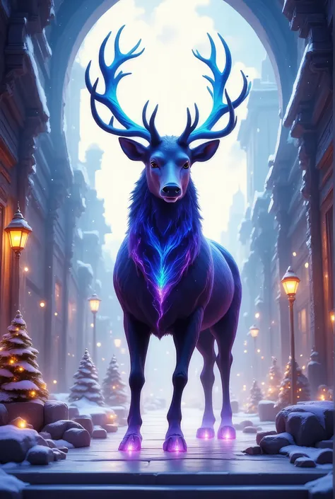 Bright background A beautiful New Years Tale ,  where it snows Stands Beautiful The Magic Deer with Big Horns sparkling massive physique,  hooves sparkle with blue flames leaving a magical haze from its tracks ,  The wind blows snow glitters in the sunligh...