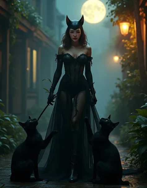 cat woman involved with several Black cats. they are in an alley at night with cinematic lighting, Moon in the background, fairytale concept, magical bokeh, depth of field, perfect facial features, perfect anatomy, curvy, cinematic effect, foggy, plants an...