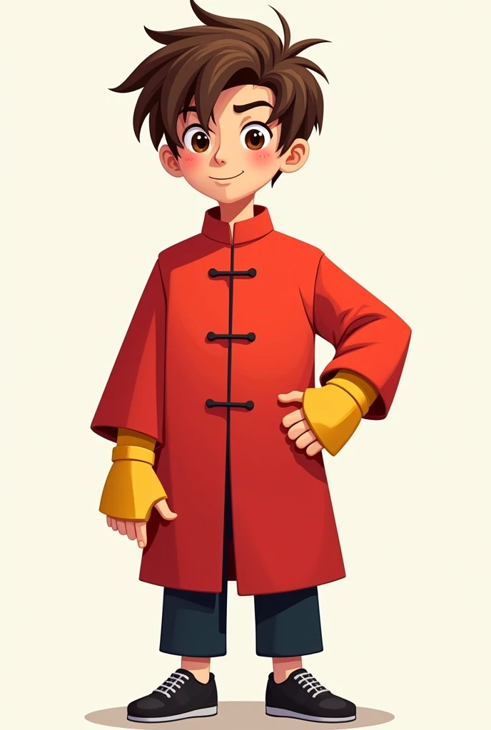 a young man with brown hair and long, uneven bangs with red changshan, yellow fingerless gloves that cover his forearms, dark pants, and black sneakers in cartoon style