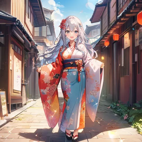 masterpiece, best quality, 4k、((2D illustration))、one beautiful girl、(((chibi style)))、solo、((pretty))、((lens flare))、((warm colors))、((long beautiful hair)), glossy silver hair, gradient hair color, hair between eyes, beautifully detailed eyes, ((Japanese...