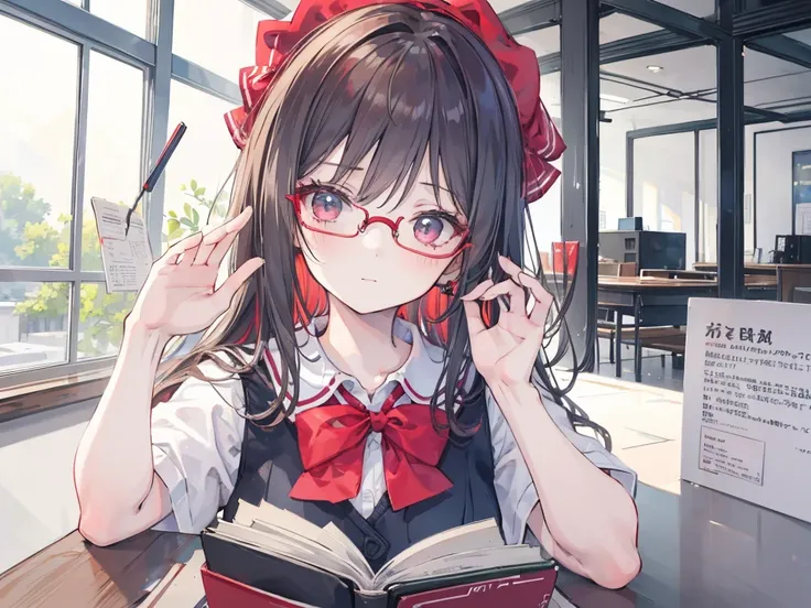 masterpiece, Best_quality, 1 Girl,  unique , ten, School Uniform, Wear red glasses on your head,