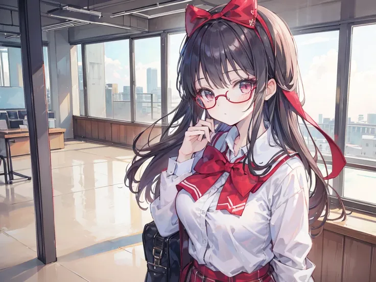 masterpiece, Best_quality, 1 Girl,  unique , ten, School Uniform, Wear red glasses on your head,