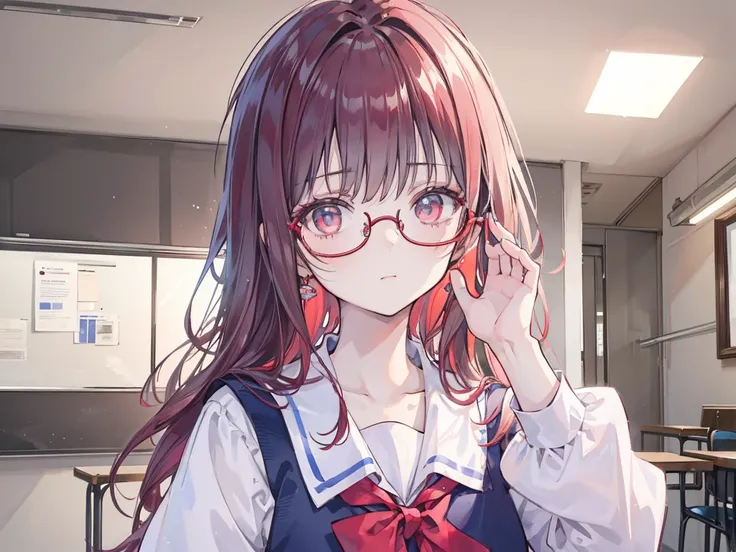 masterpiece, Best_quality, 1 Girl,  unique , ten, School Uniform, Wear red glasses on your head,