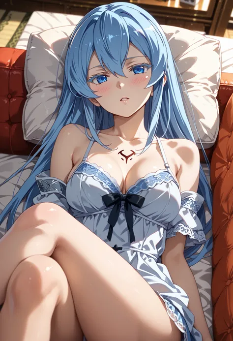 1girl, solo, esdeath, from above, dutch angle, bare shoulders, blue eyes, blush, lingerie, crossed legs, on couch, indoors, looking at viewer, lying, medium breasts, off shoulder, on back, parted lips, cushion, light blue hair, (blurry background), depth o...