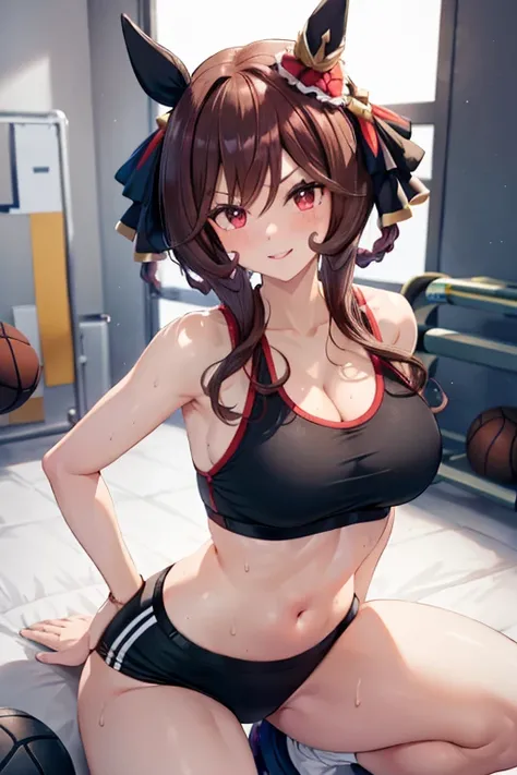 gentildonna (umamusume) in sexy mini shorts and sports bra, crouched deadlifting with a bar with her back facing a gym mirror, sweating, High Resulution, UHD, detailed image.