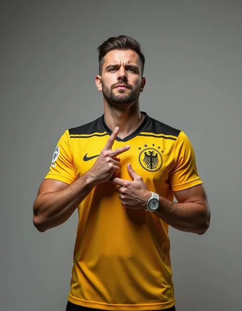 a male German soccer player points a finger at the heart, restrained facial expression, points a finger at the heart, Borussia yellow black soccer uniform, Highly detailed, photorealistic, studio lighting, gray background, medium full, midsize shot, photor...