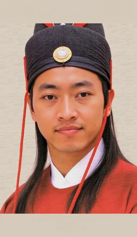 The image is a portrait of a young man wearing a traditional Chinese hat. The hat is black with red accents and has a gold button on the front. The man has long black hair that is pulled back in a ponytail. He is wearing a red robe with a white collar. He ...