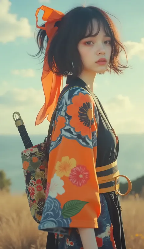 taken from the front、 upper body、masterpiece、 super detailed 、8k、Jenna Ortega、 super zoom up on her face ,「 black hair Braided Pigtails の若い女性が自信に満ちたポーズで立っているスタイリッシュで大胆なイラスト。 black hair、 Braided Pigtails 、 wearing a modern kimono with a striking orange an...