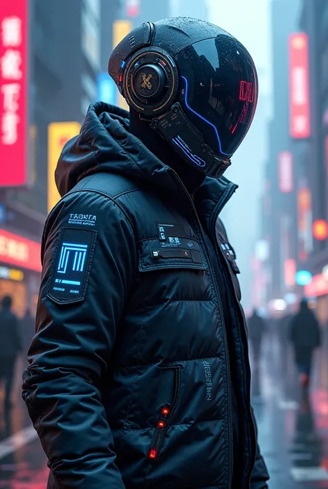 Futurstic jacket and helmet full of nw advanced tech, cyberpunk manga style